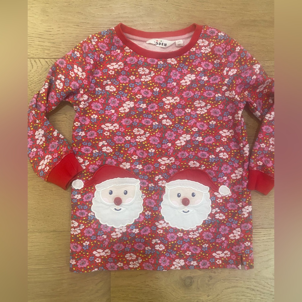 Mini Boden Festive Santa Christmas floral sweatshirt tunic girls 6-7 GUC